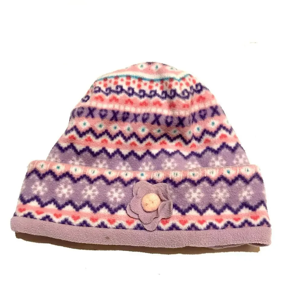 N'ice Caps Purple Stripe Flower Button Fleece Cuffed Hat Girls OS